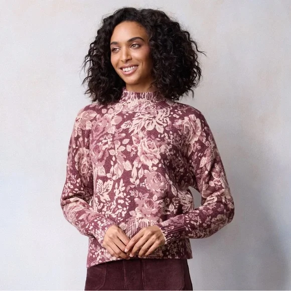 LC Lauren Conrad Floral Mock Neck Pullover Sweater in Wine Color Size Large - Picture 1 of 9